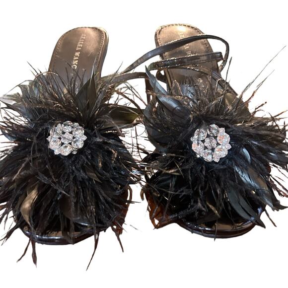 Azalea Wang Heels 6 Black Ankle Strap Feathers Stiletto whimsygoth Witchy NWOB - Picture 5 of 10